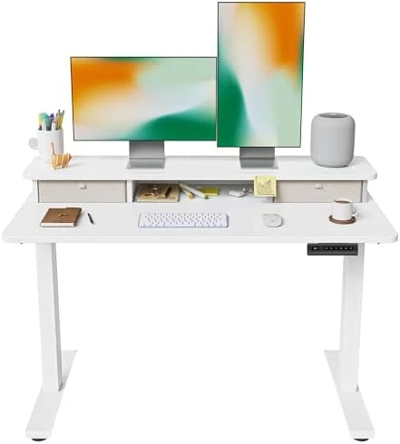 48 x 24 Inch Height Adjustable Electric Standing Desk with Double Drawer and Storage Shelf — Standing Desk, FEZIBO