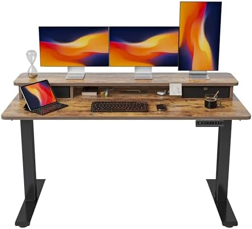 48 x 24 Inch Height Adjustable Electric Standing Desk with Double Drawer and Storage Shelf — Standing Desk, FEZIBO