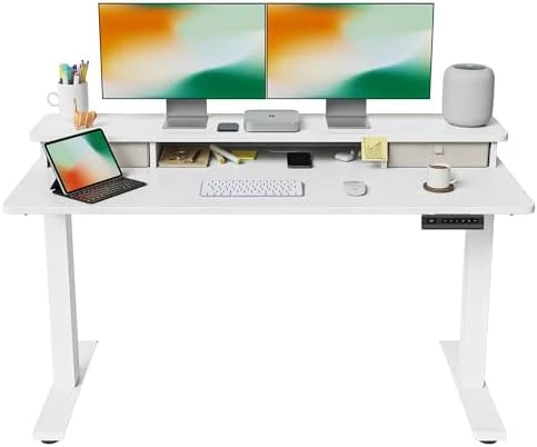 48 x 24 Inch Height Adjustable Electric Standing Desk with Double Drawer and Storage Shelf — Standing Desk, FEZIBO