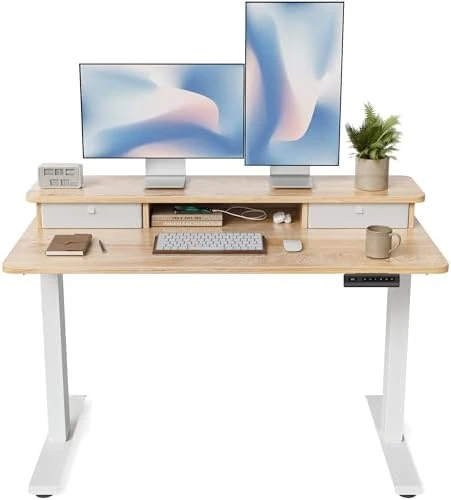 48 x 24 Inch Height Adjustable Electric Standing Desk with Double Drawer and Storage Shelf — Standing Desk, FEZIBO