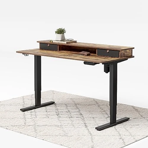 48 x 24 Inch Height Adjustable Electric Standing Desk with Double Drawer and Storage Shelf — Standing Desk, FEZIBO