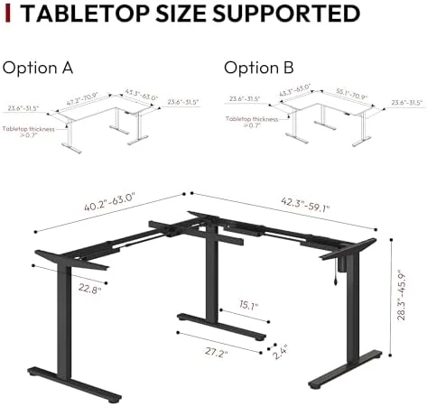 Electric Height Adjustable 3-Leg L Shaped Standing Desk Frame — Standing Desk, SANODESK