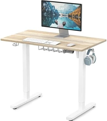 Electric Height Adjustable Sit to Stand Desk with Hanging Hooks and Cable Management — Standing Desk, SHW