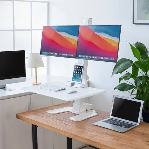Electric Standing Desk Converter with Dual Monitor Mounts — Standing Desk, Mount-It!