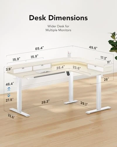L-Shaped Standing Desk with Power Outlets & LED Strip — Standing Desk, HUANUO