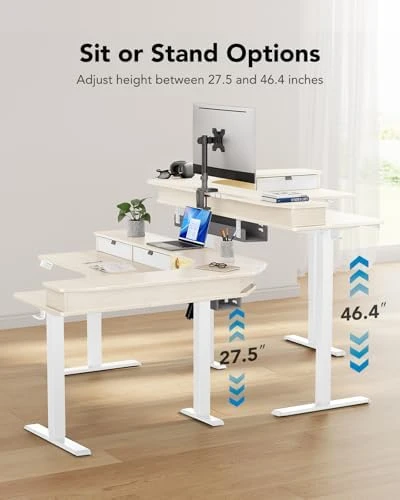 L-Shaped Standing Desk with Power Outlets & LED Strip — Standing Desk, HUANUO