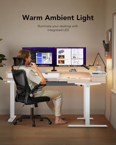L-Shaped Standing Desk with Power Outlets & LED Strip — Standing Desk, HUANUO