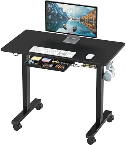 Mobile Electric Height Adjustable Sit to Stand Desk with Drawer, Hanging Hooks and Cable Management — Standing Desk, Visit the SHW Store