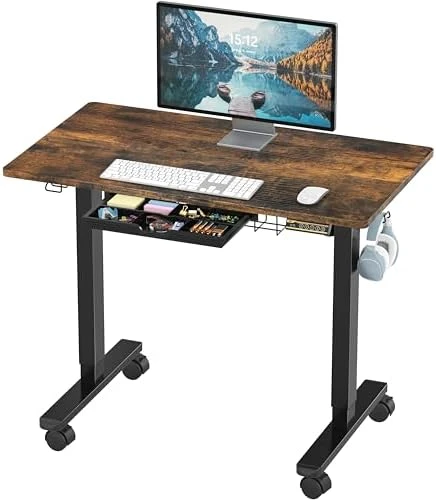 Mobile Electric Height Adjustable Sit to Stand Desk with Drawer, Hanging Hooks and Cable Management — Standing Desk, Visit the SHW Store