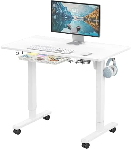 Mobile Electric Height Adjustable Sit to Stand Desk with Drawer, Hanging Hooks and Cable Management — Standing Desk, Visit the SHW Store
