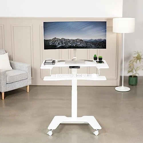 White Electric Mobile Height Adjustable 36 inch Dual Platform Standing Desk with Wheels — Standing Desk, VIVO