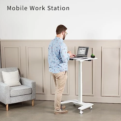 White Electric Mobile Height Adjustable 36 inch Dual Platform Standing Desk with Wheels — Standing Desk, VIVO