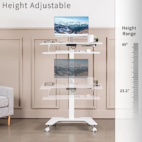White Electric Mobile Height Adjustable 36 inch Dual Platform Standing Desk with Wheels — Standing Desk, VIVO