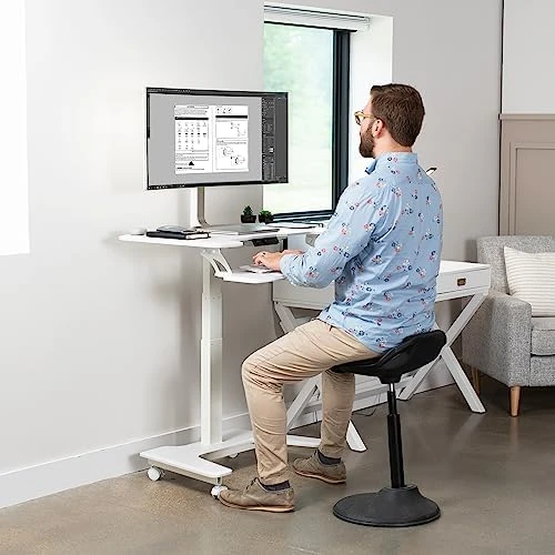 White Electric Mobile Height Adjustable 36 inch Dual Platform Standing Desk with Wheels — Standing Desk, VIVO