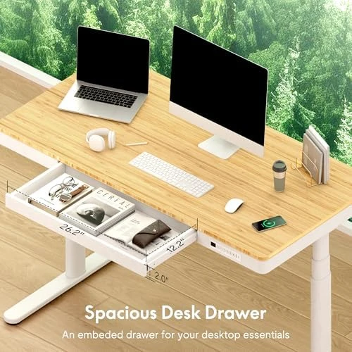 55" Bamboo Standing Desk, Dual Motor 3 Stages Adjustable Height Electric Computer Workstation with Wireless Charging,... — Standing Desk, FLEXISPOT