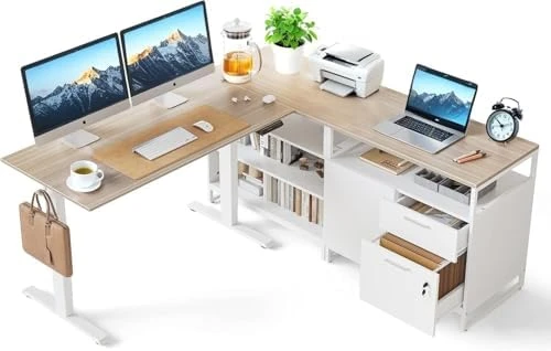 Electric L Shaped Standing Desk with Storage — Standing Desk, FEZIBO