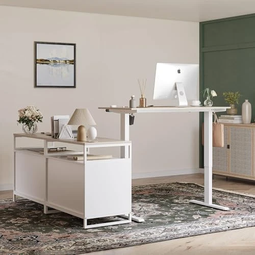 Electric L Shaped Standing Desk with Storage — Standing Desk, FEZIBO