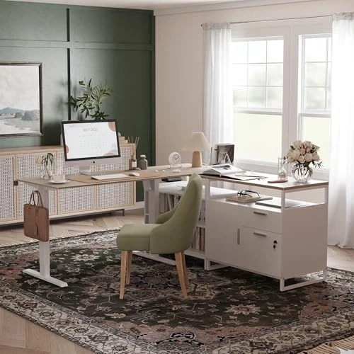 Electric L Shaped Standing Desk with Storage — Standing Desk, FEZIBO