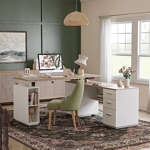 Electric L Shaped Standing Desk with Storage — Standing Desk, FEZIBO