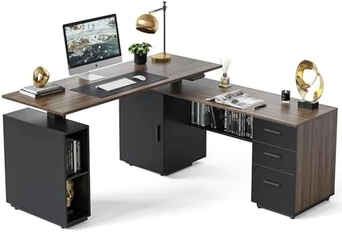 Electric L Shaped Standing Desk with Storage — Standing Desk, FEZIBO