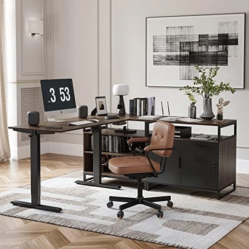 Electric L Shaped Standing Desk with Storage — Standing Desk, FEZIBO