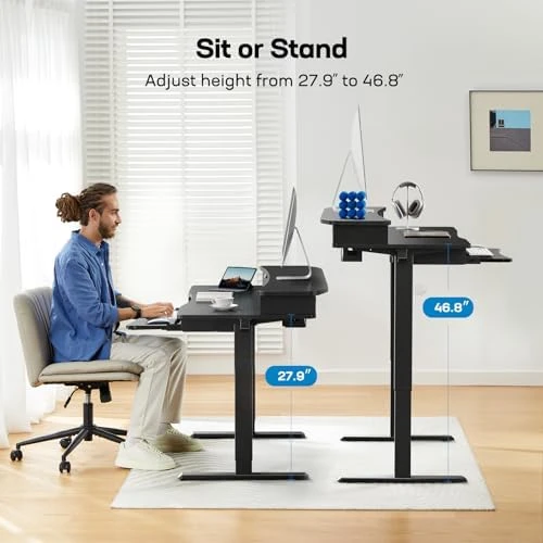 Electric Standing Desk with 2 Drawers & Large Keyboard Tray — Standing Desk, HUANUO