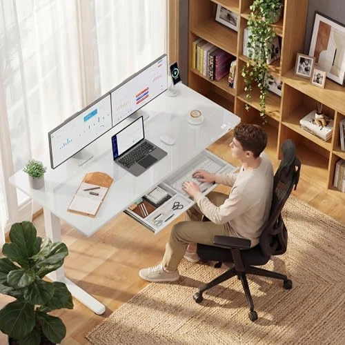 Glass Standing Desk with Drawers and USB Charging — Standing Desk, Furmax
