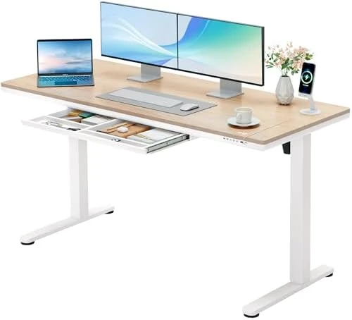 Glass Standing Desk with Drawers and USB Charging — Standing Desk, Furmax