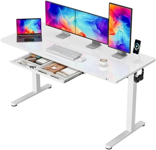 Glass Standing Desk with Drawers and USB Charging — Standing Desk, Furmax