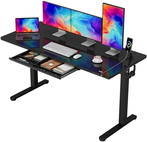 Glass Standing Desk with Drawers and USB Charging — Standing Desk, Furmax