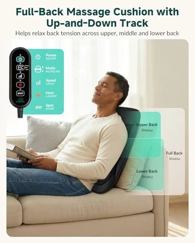 Ultra-Slim Shiatsu Back Massager with Heat, 4D Roller, 10 Massage Nodes — Massage Chairs, Snailax