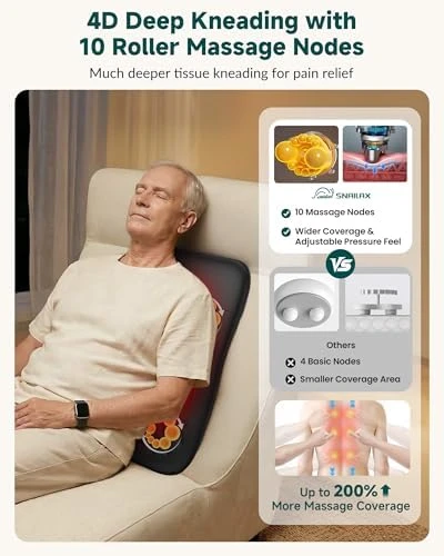 Ultra-Slim Shiatsu Back Massager with Heat, 4D Roller, 10 Massage Nodes — Massage Chairs, Snailax