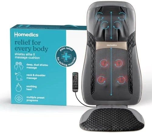 Back Massager with Heat, Shiatsu Elite II Heated Neck and Back Massage Cushion — Massage Chairs, Homedics