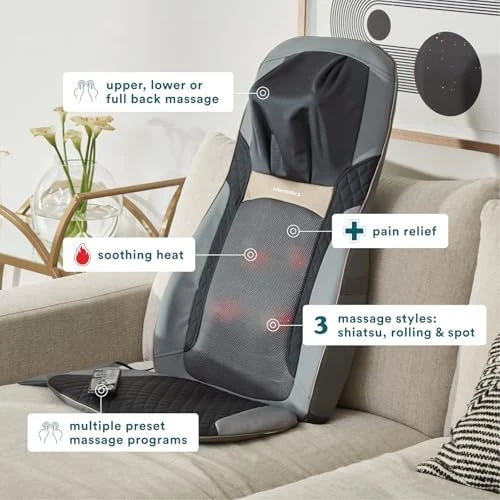 Back Massager with Heat, Shiatsu Elite II Heated Neck and Back Massage Cushion — Massage Chairs, Homedics