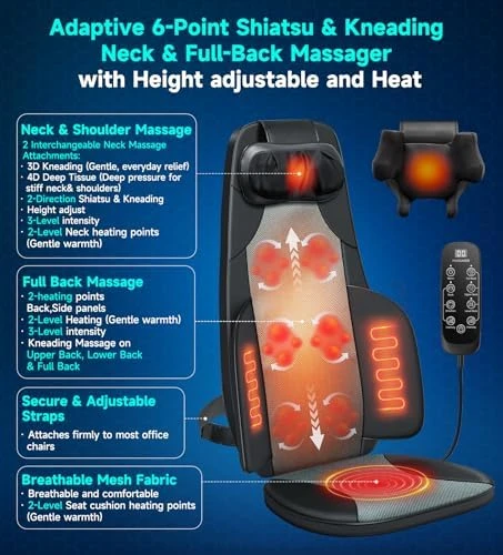 Shiatsu Neck and Back Massager for Chair with Heat, 2 Interchangeable Attachments Full Back Massage Pad Deep Tissue,... — Massage Chairs, RQH