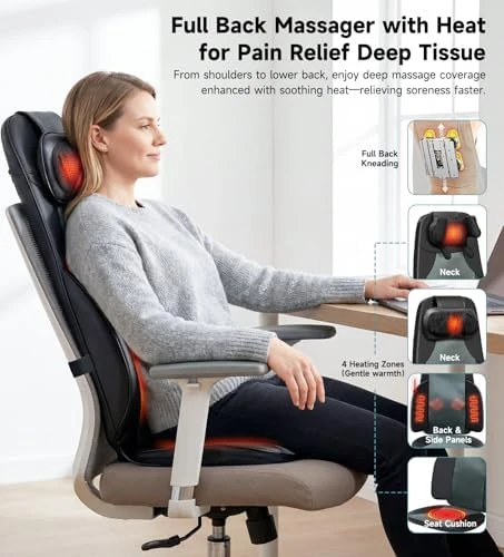 Shiatsu Neck and Back Massager for Chair with Heat, 2 Interchangeable Attachments Full Back Massage Pad Deep Tissue,... — Massage Chairs, RQH