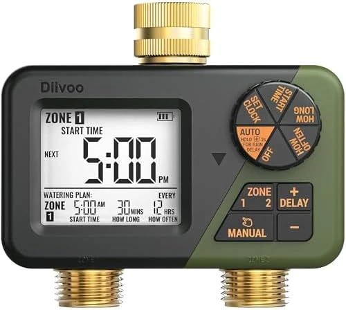 Brass Sprinkler Timer 2 Zone, IP66 Waterproof Programmable Water Hose Timer 2 Outlet with Large Display — Irrigation System, Diivoo