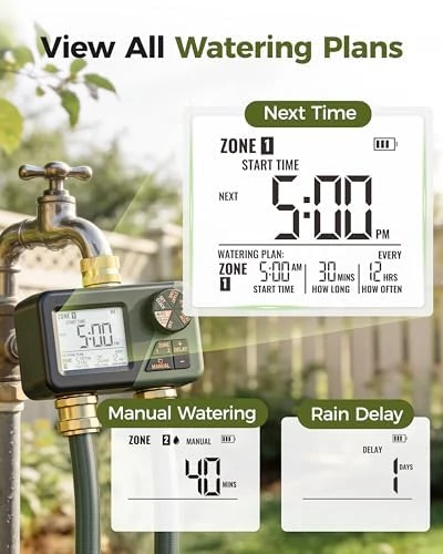 Brass Sprinkler Timer 2 Zone, IP66 Waterproof Programmable Water Hose Timer 2 Outlet with Large Display — Irrigation System, Diivoo