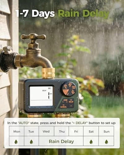 Brass Sprinkler Timer 2 Zone, IP66 Waterproof Programmable Water Hose Timer 2 Outlet with Large Display — Irrigation System, Diivoo