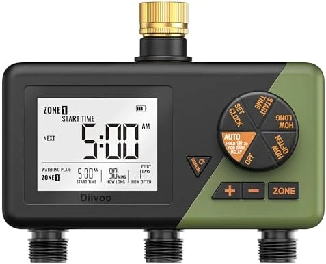 Brass Sprinkler Timer 2 Zone, IP66 Waterproof Programmable Water Hose Timer 2 Outlet with Large Display — Irrigation System, Diivoo