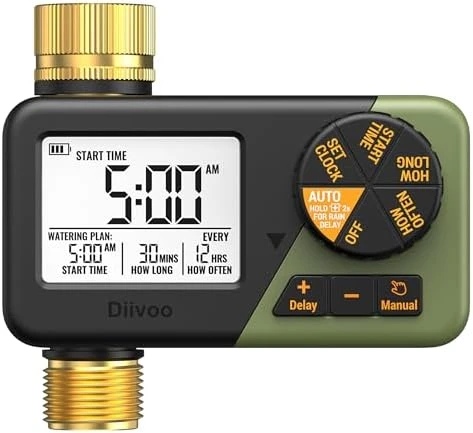 Brass Sprinkler Timer 2 Zone, IP66 Waterproof Programmable Water Hose Timer 2 Outlet with Large Display — Irrigation System, Diivoo