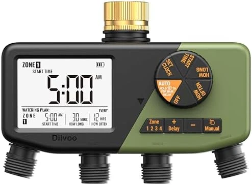 Brass Sprinkler Timer 2 Zone, IP66 Waterproof Programmable Water Hose Timer 2 Outlet with Large Display — Irrigation System, Diivoo