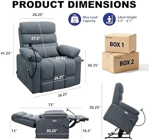 Power Lift Recliner Chair with Heat & Massage, Dual Motor, Cup Holder, USB-C — Massage Chairs, SUKACH
