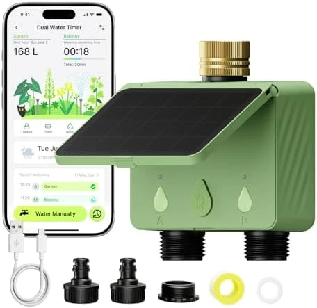 Water Timer for Garden Hose, 2-Zone Solar Sprinkler Controller with Flow Meter, Smart Irrigation System with Rain Delay,... — Irrigation System, EZAIoT