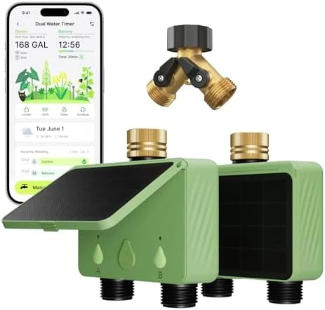 Water Timer for Garden Hose, 2-Zone Solar Sprinkler Controller with Flow Meter, Smart Irrigation System with Rain Delay,... — Irrigation System, EZAIoT