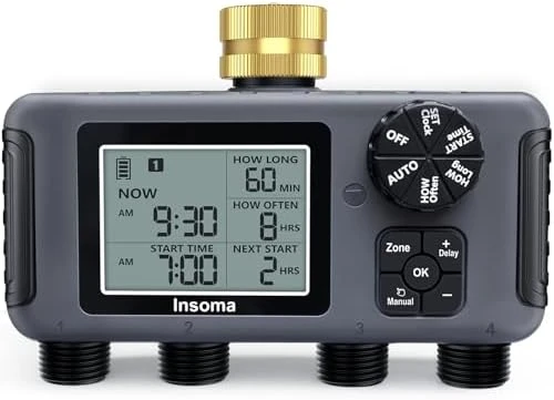 Water Timer with Brass Inlet, 4 Independent Zones — Irrigation System, Insoma