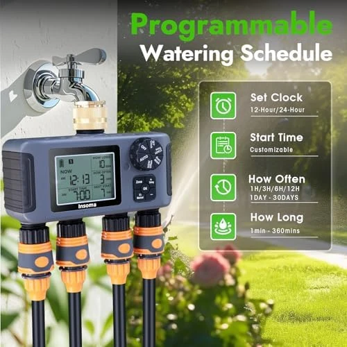 Water Timer with Brass Inlet, 4 Independent Zones — Irrigation System, Insoma