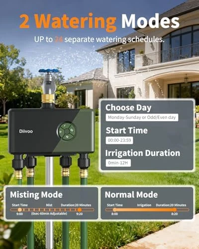 WiFi Water Timer for Garden Hose, 4 Zone Smart Sprinkler Timer with Brass Inlet — Irrigation System, Diivoo