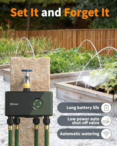 WiFi Water Timer for Garden Hose, 4 Zone Smart Sprinkler Timer with Brass Inlet — Irrigation System, Diivoo