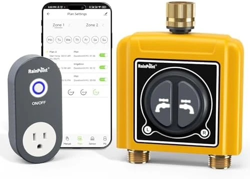 WiFi Water Timer with Brass Inlet & Outlet, 2 Zone — Irrigation System, RainPoint